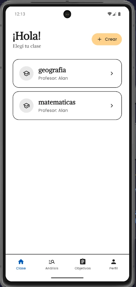 Pantalla de inicio de la app Aprendices con las clases del estudiante
